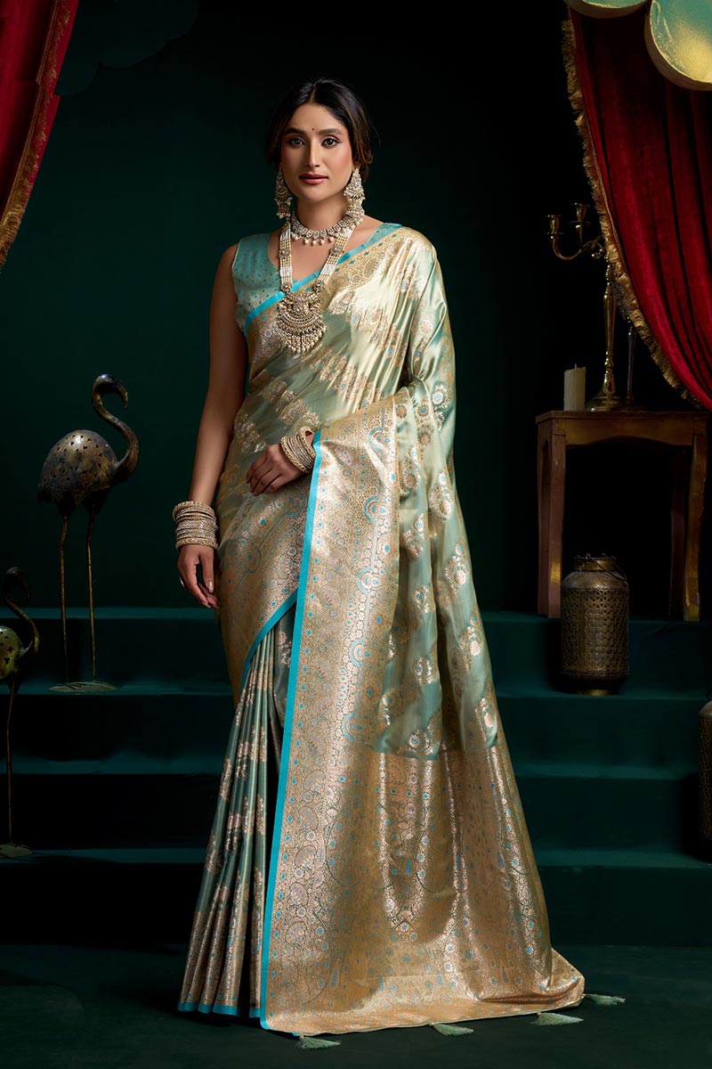 Sky Blue Designer Satin silk Saree UK | Rich Zari Floral Weave RTI