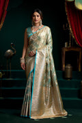 Sky Blue Designer Satin silk Saree UK | Rich Zari Floral Weave RTI