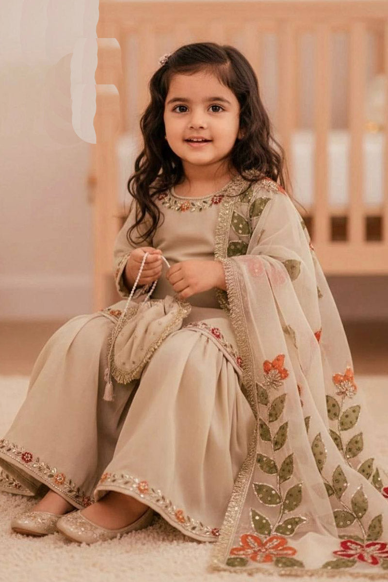 Cream Designer Ethnic Outfit for Kids | Floral Embroidery Dress for Girls UK RTI