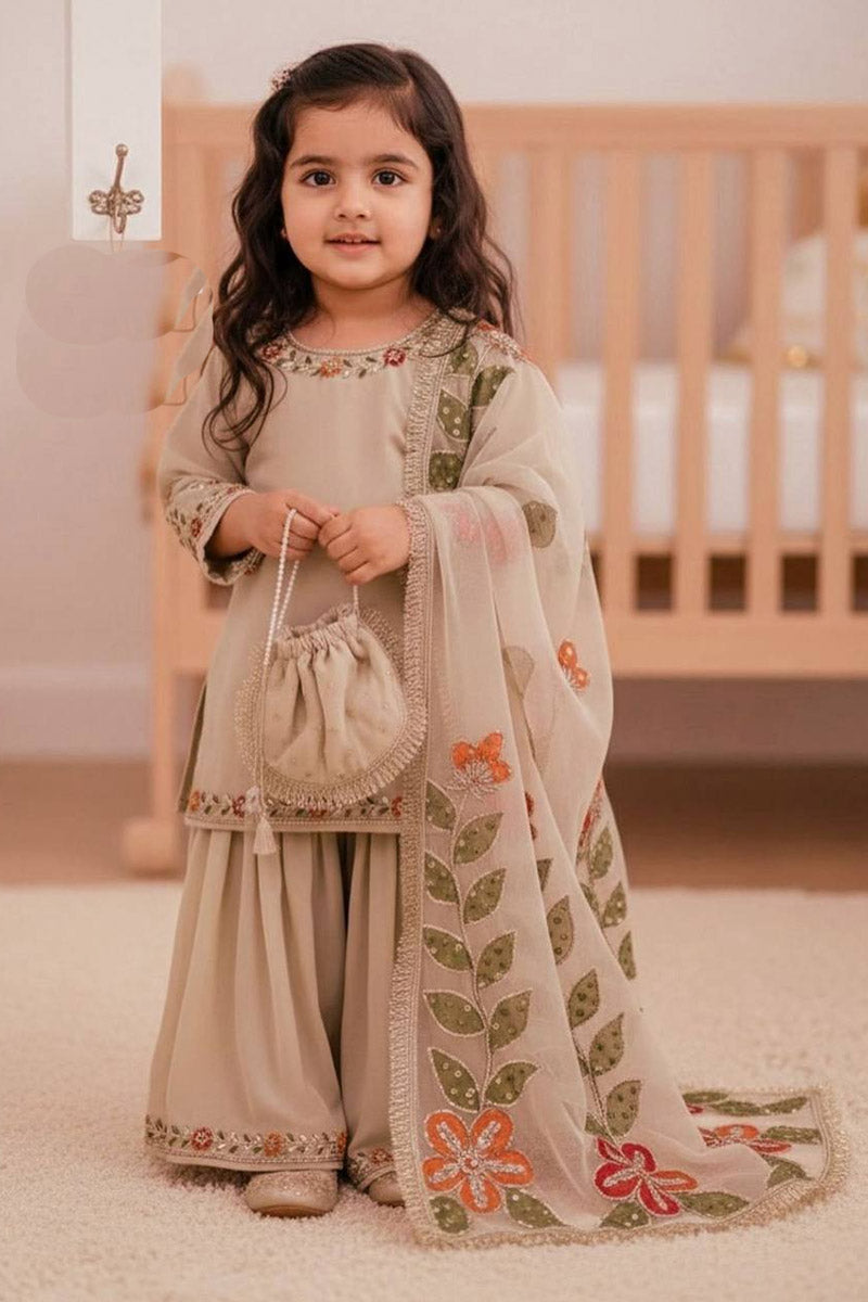 Cream Designer Ethnic Outfit for Kids | Floral Embroidery Dress for Girls UK RTI