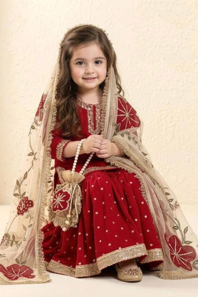 Maroon Floral Embroidery Kids Outfit UK | Designer Festive Wear for Girls RTI