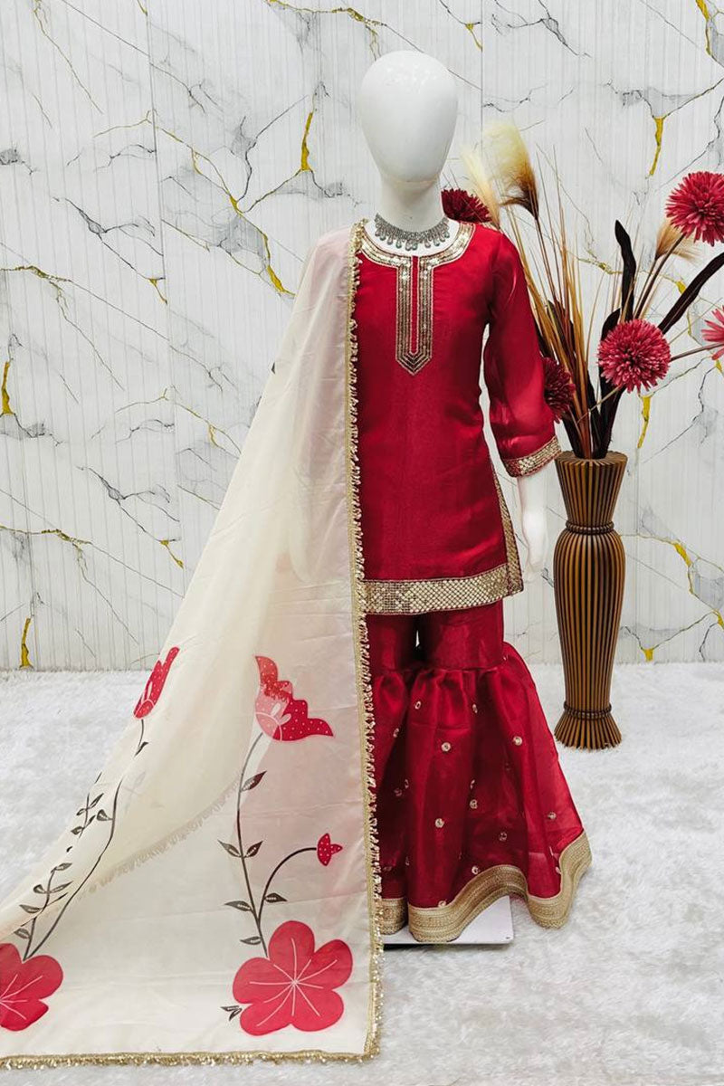 Maroon Floral Embroidery Kids Outfit UK | Designer Festive Wear for Girls RTI