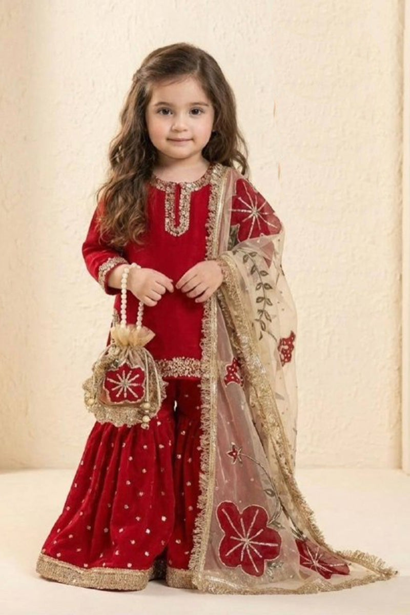 Maroon Floral Embroidery Kids Outfit UK | Designer Festive Wear for Girls RTI