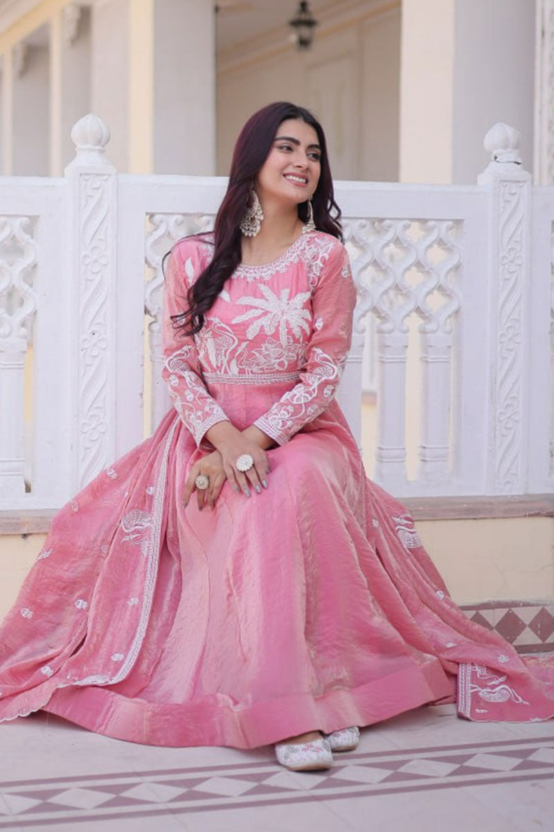 Pink Embroidered Anarkali Dress UK | Elegant Festive Ethnic Gown with Dupatta PR