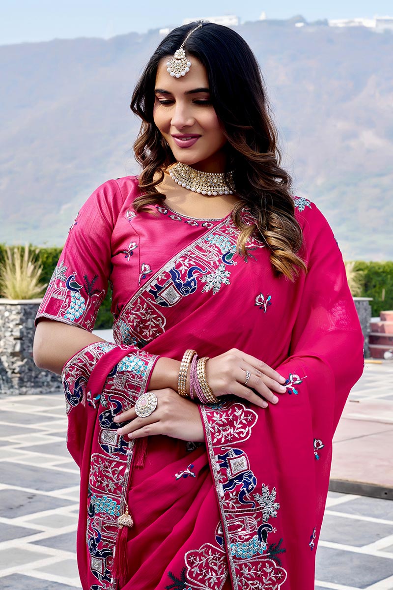 Designer Pink Party Wear Saree UK | Traditional Indian Embroidery RTI