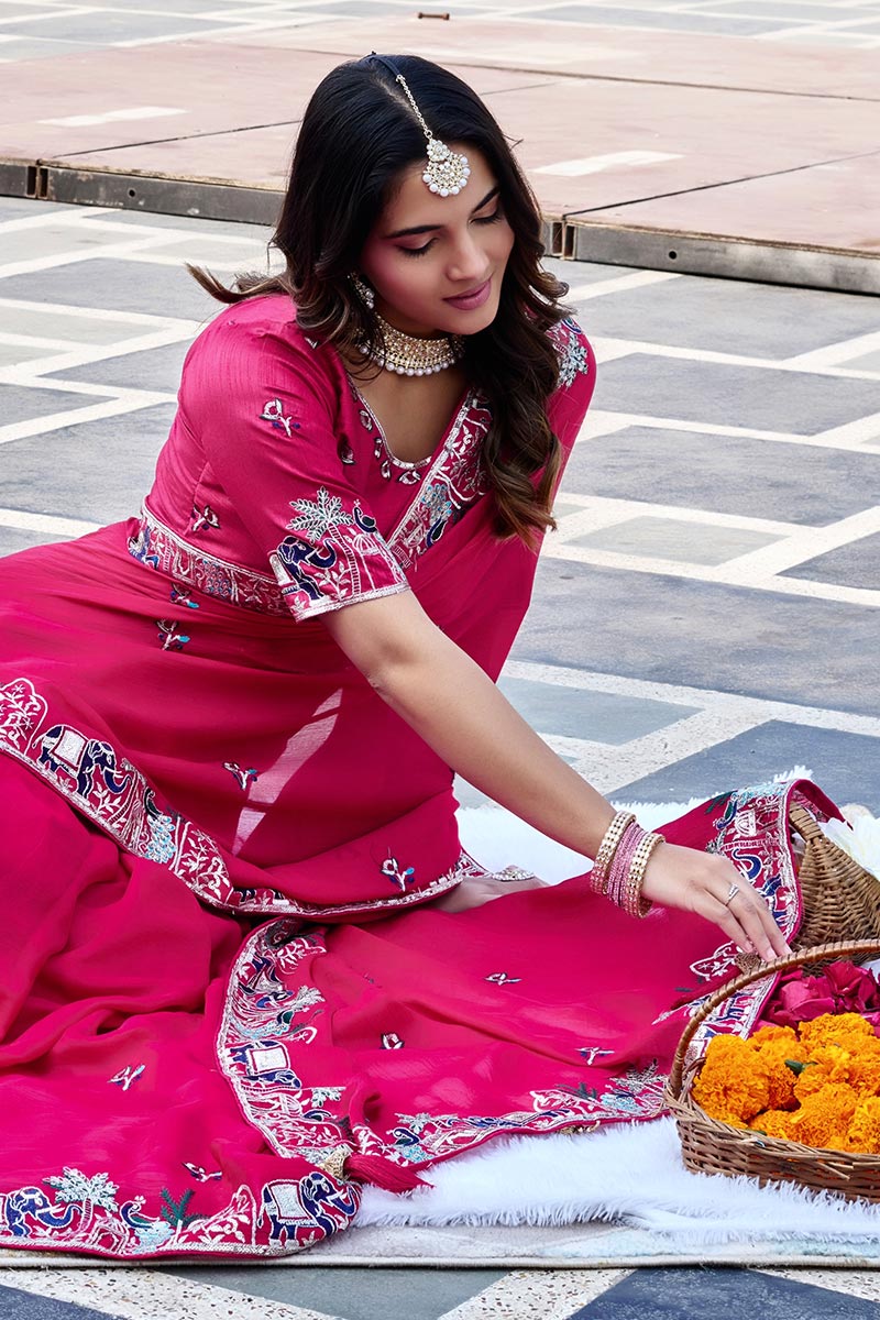 Designer Pink Party Wear Saree UK | Traditional Indian Embroidery RTI