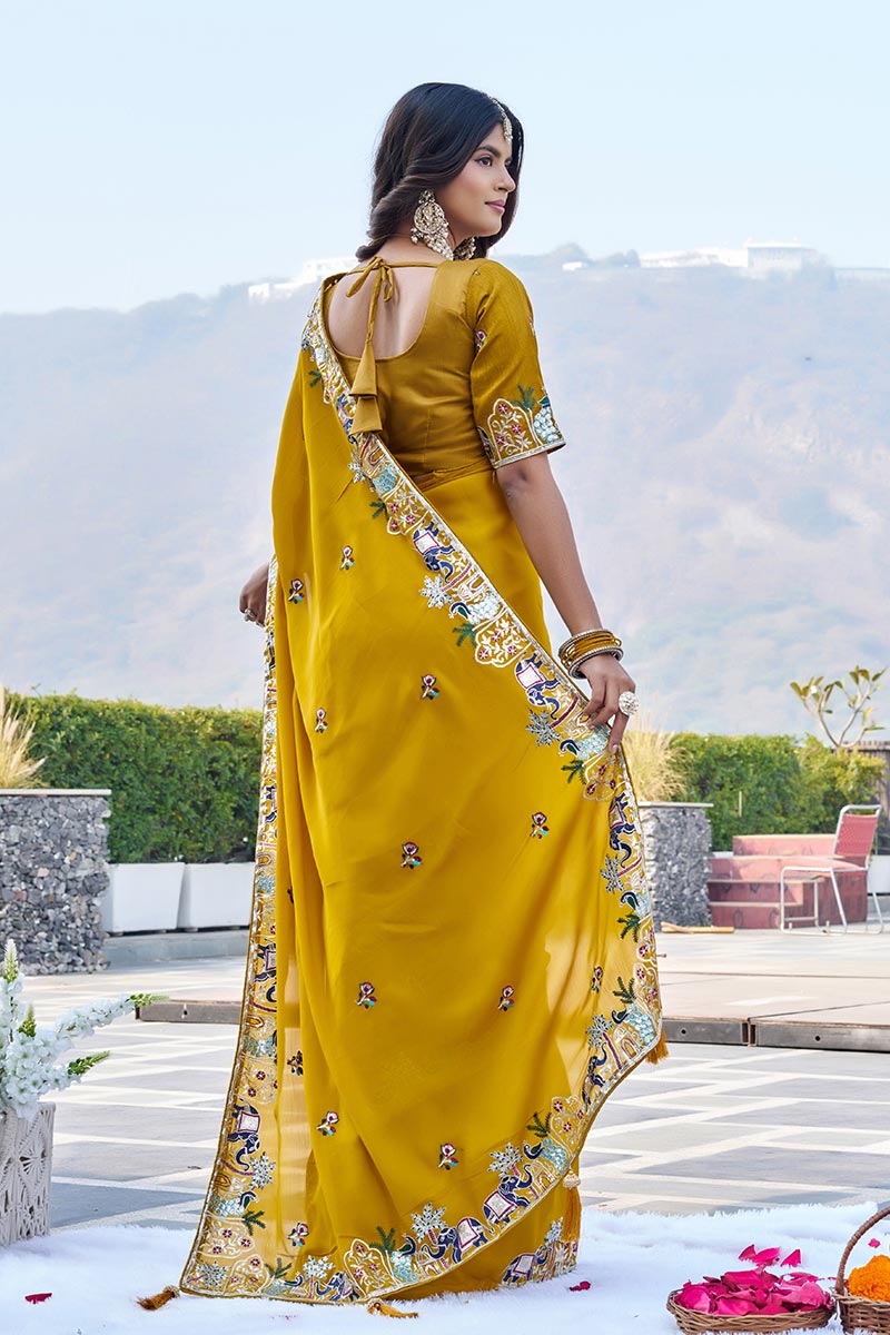 Yellow Ethnic Saree UK | Traditional Embroidery & Designer Border RTI