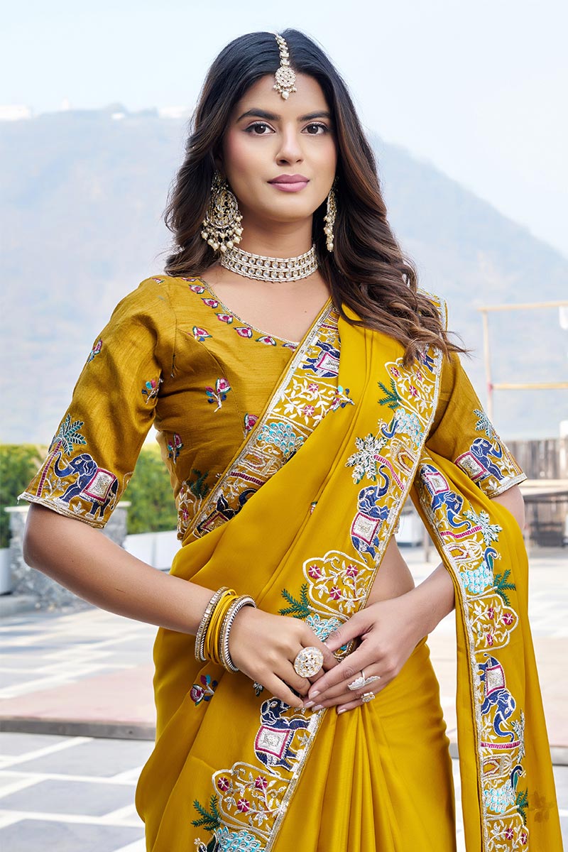 Yellow Ethnic Saree UK | Traditional Embroidery & Designer Border RTI