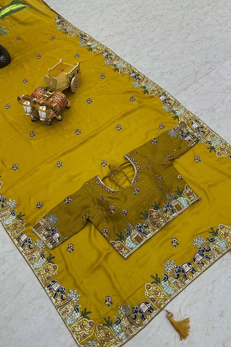 Yellow Ethnic Saree UK | Traditional Embroidery & Designer Border RTI