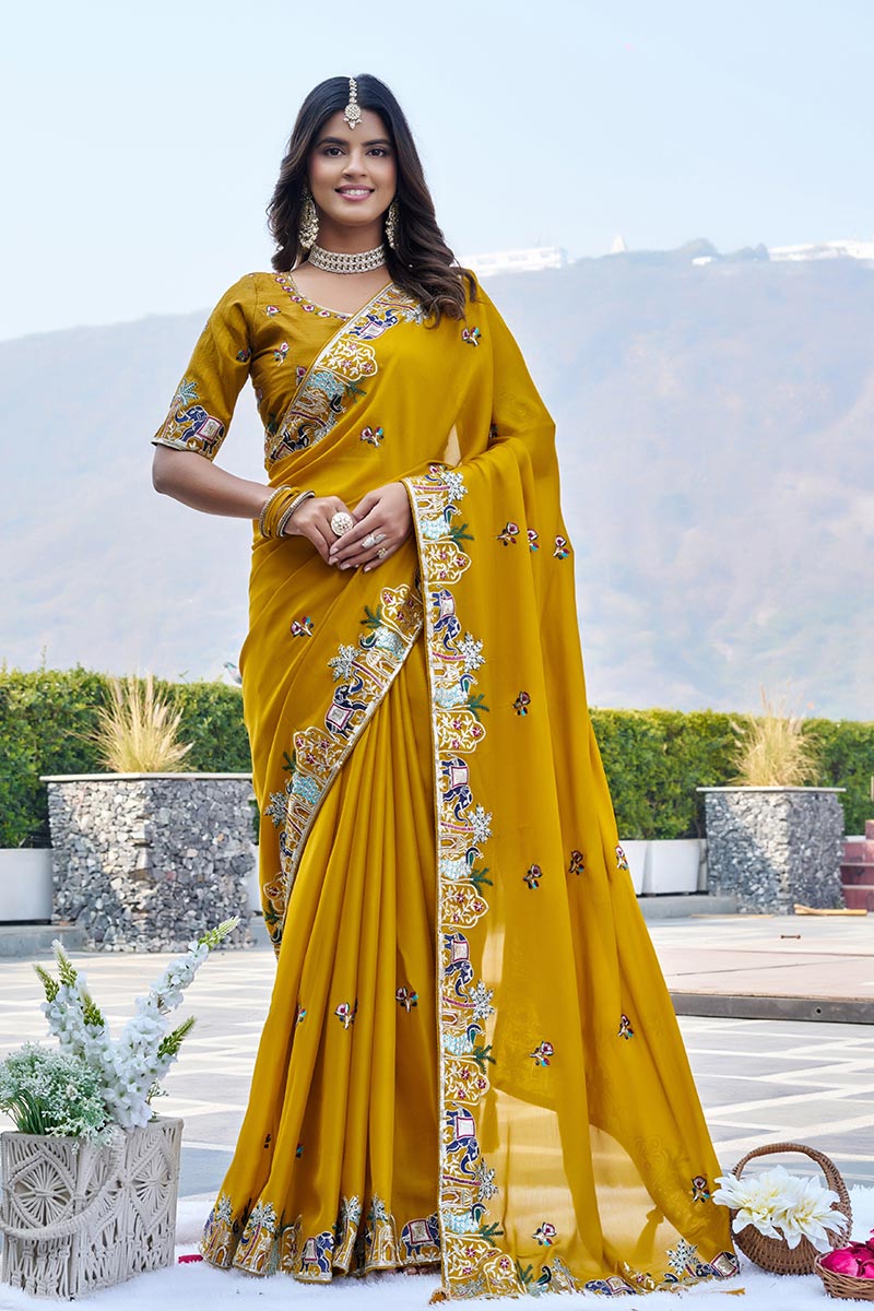 Yellow Ethnic Saree UK | Traditional Embroidery & Designer Border RTI