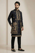 Black Embroidered Kurta Pyjama with Jacket – Designer Men’s Wedding Wear RTI