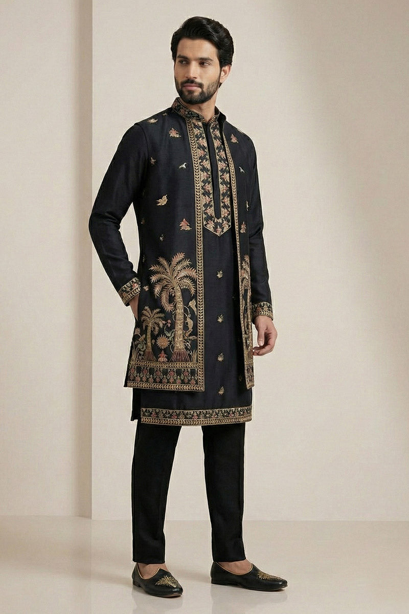 Black Embroidered Kurta Pyjama with Jacket – Designer Men’s Wedding Wear RTI