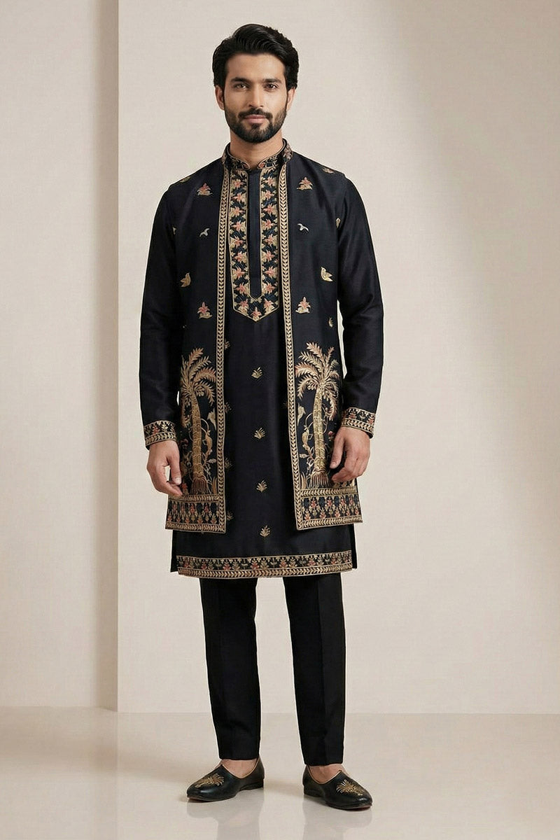 Black Embroidered Kurta Pyjama with Jacket – Designer Men’s Wedding Wear RTI
