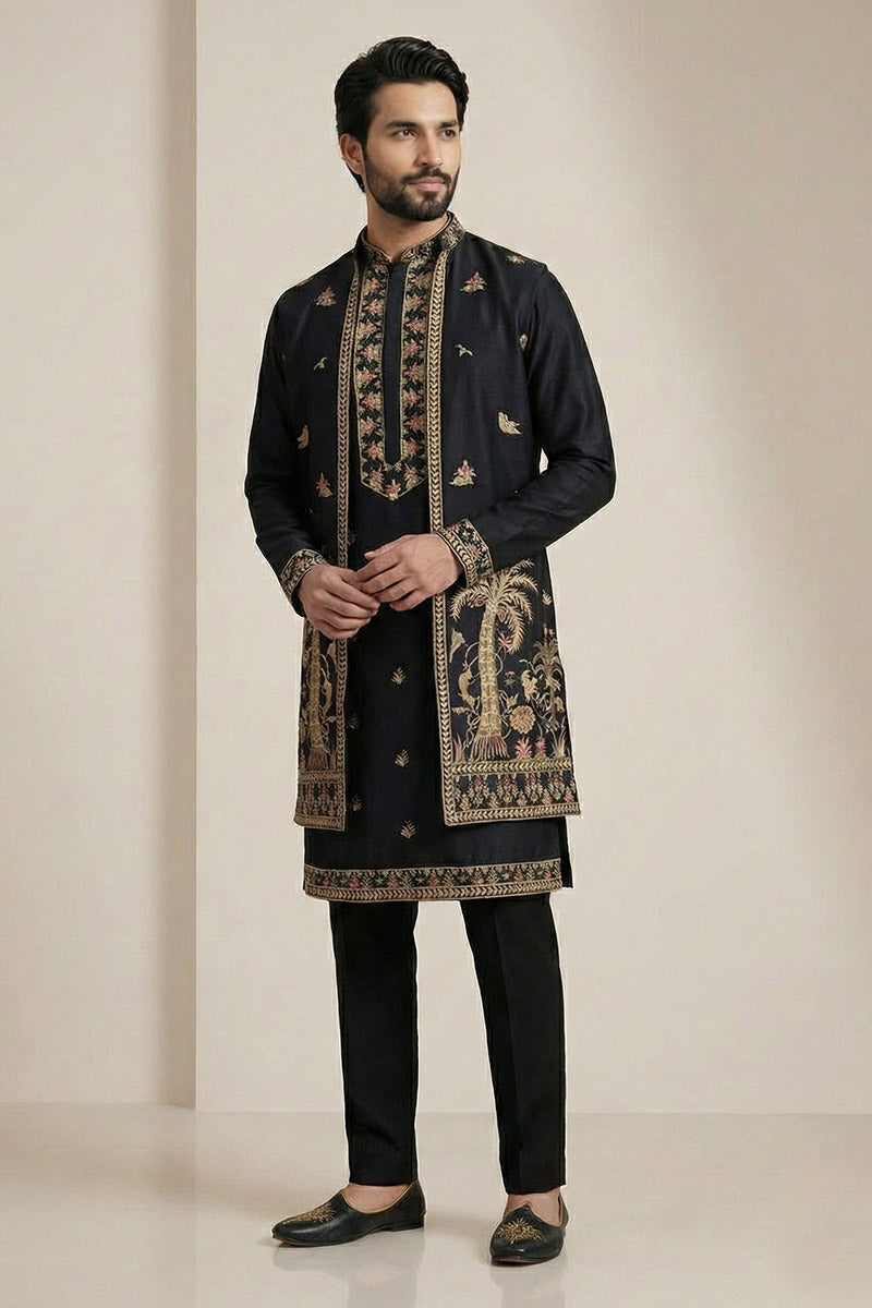 Black Embroidered Kurta Pyjama with Jacket – Designer Men’s Wedding Wear RTI