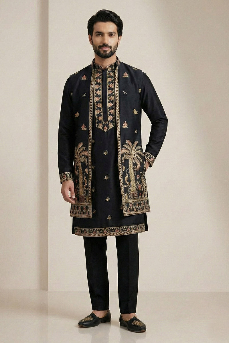 Black Embroidered Kurta Pyjama with Jacket – Designer Men’s Wedding Wear RTI