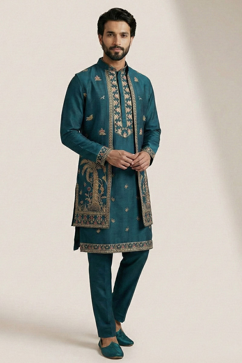 Men’s Teal Embroidered Kurta Set with Jacket – Readymade Ethnic Outfit RTI