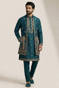 Men’s Teal Embroidered Kurta Set with Jacket – Readymade Ethnic Outfit RTI