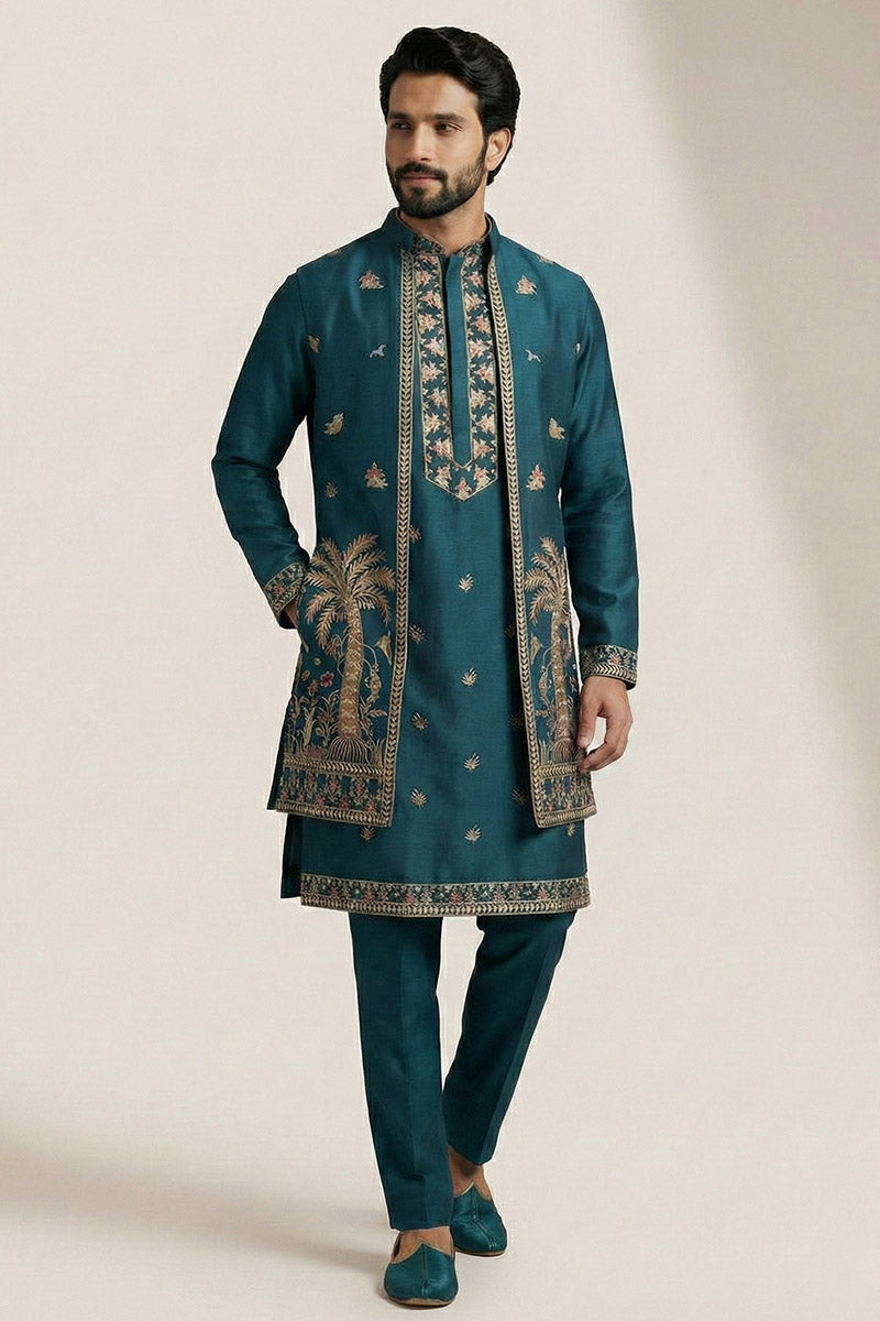 Men’s Teal Embroidered Kurta Set with Jacket – Readymade Ethnic Outfit RTI