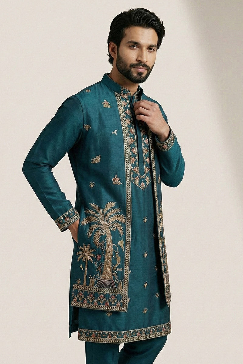 Men’s Teal Embroidered Kurta Set with Jacket – Readymade Ethnic Outfit RTI