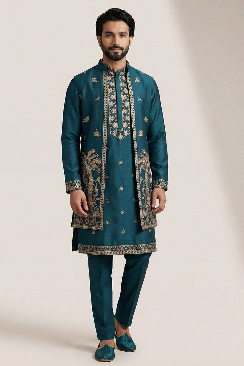 Men’s Teal Embroidered Kurta Set with Jacket – Readymade Ethnic Outfit RTI
