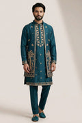 Men’s Teal Embroidered Kurta Set with Jacket – Readymade Ethnic Outfit RTI
