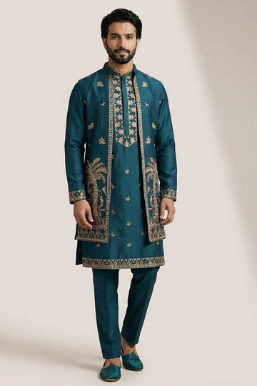 Men’s Teal Embroidered Kurta Set with Jacket – Readymade Ethnic Outfit RTI