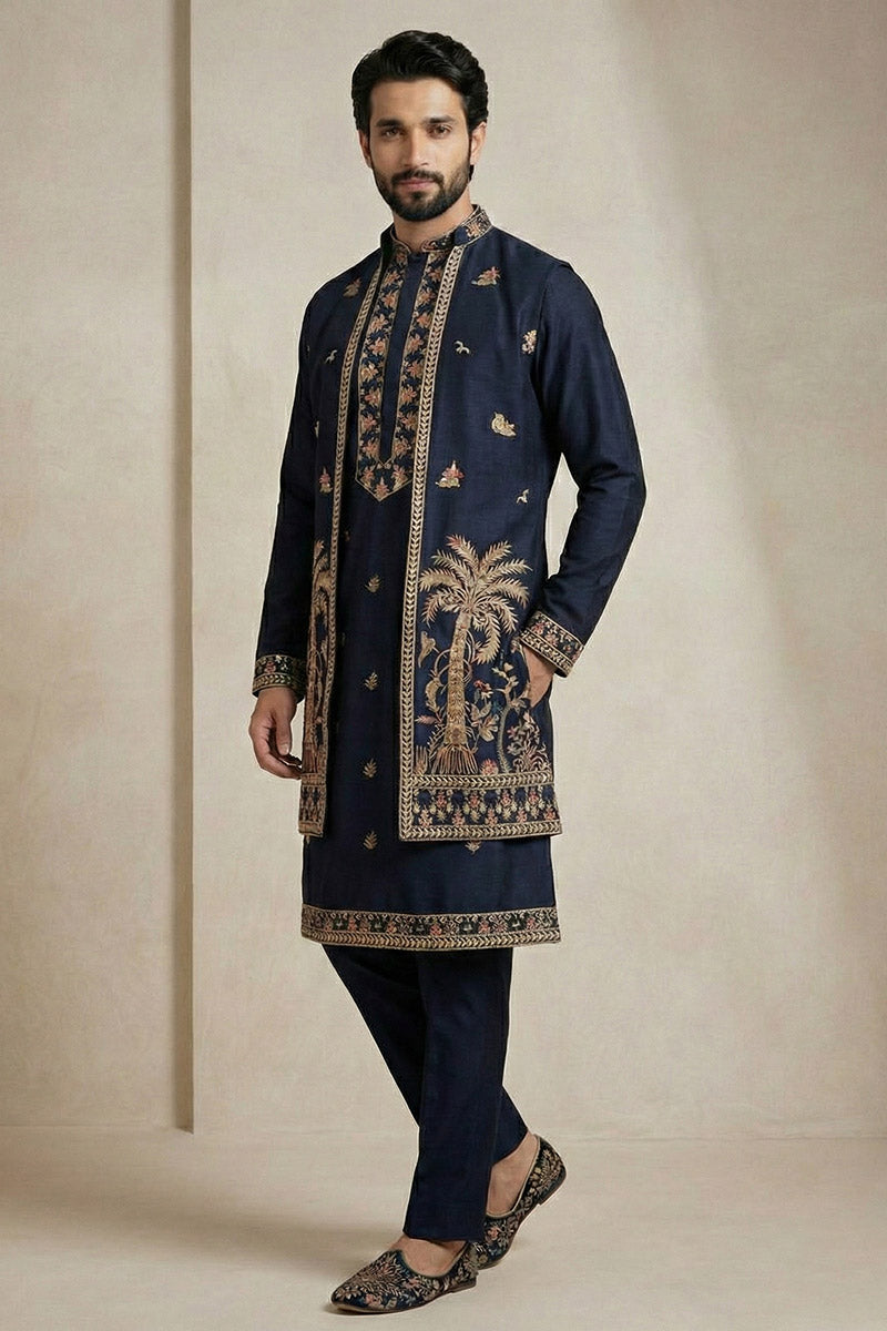 Navy Blue Embroidered Kurta Set with Jacket – Men’s Occasion Wear RTI