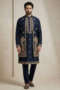 Navy Blue Embroidered Kurta Set with Jacket – Men’s Occasion Wear RTI