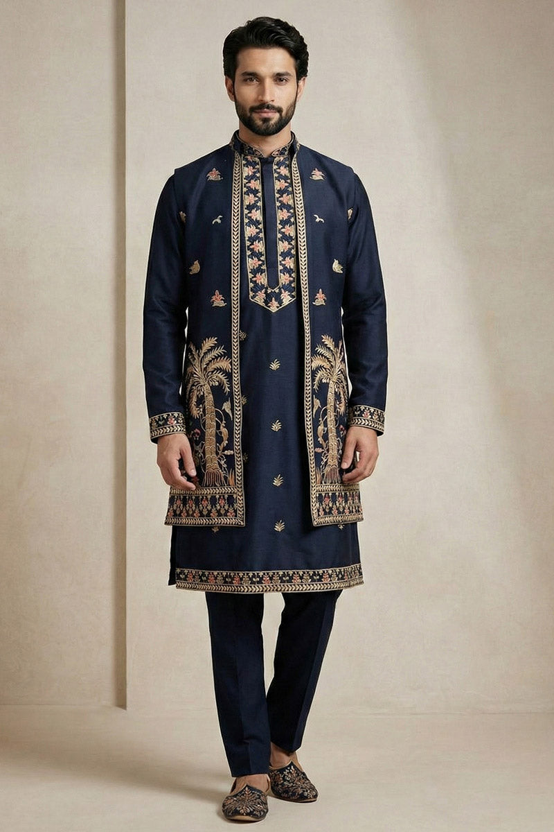 Navy Blue Embroidered Kurta Set with Jacket – Men’s Occasion Wear RTI