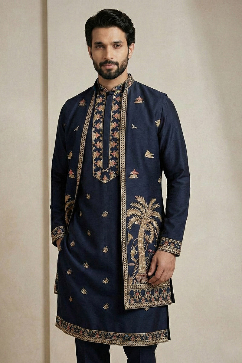 Navy Blue Embroidered Kurta Set with Jacket – Men’s Occasion Wear RTI