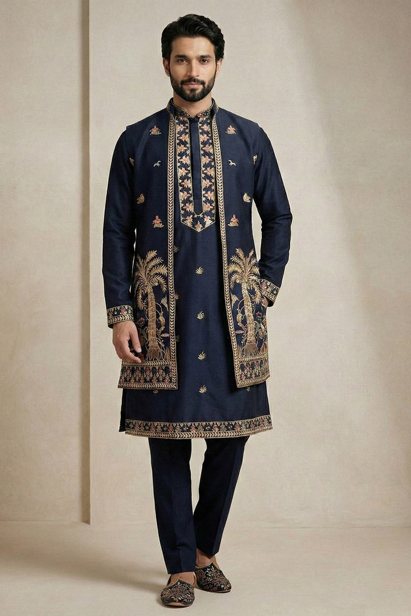 Navy Blue Embroidered Kurta Set with Jacket – Men’s Occasion Wear RTI
