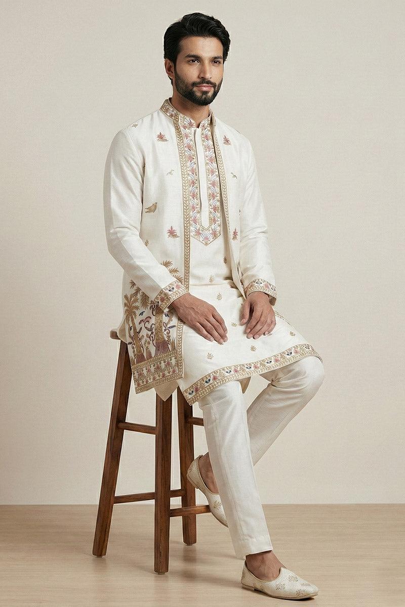 Men’s Wedding Kurta Pyjama with Statement Jacket – Designer White Set RTI