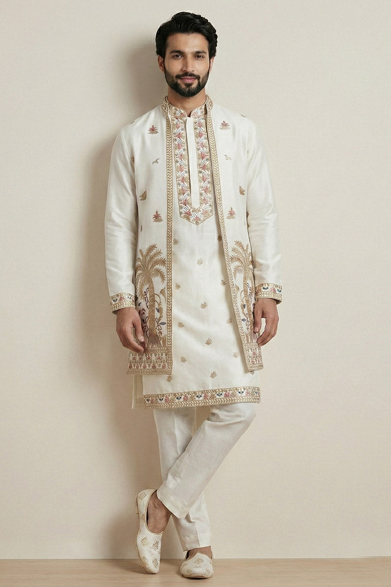 Men’s Wedding Kurta Pyjama with Statement Jacket – Designer White Set RTI