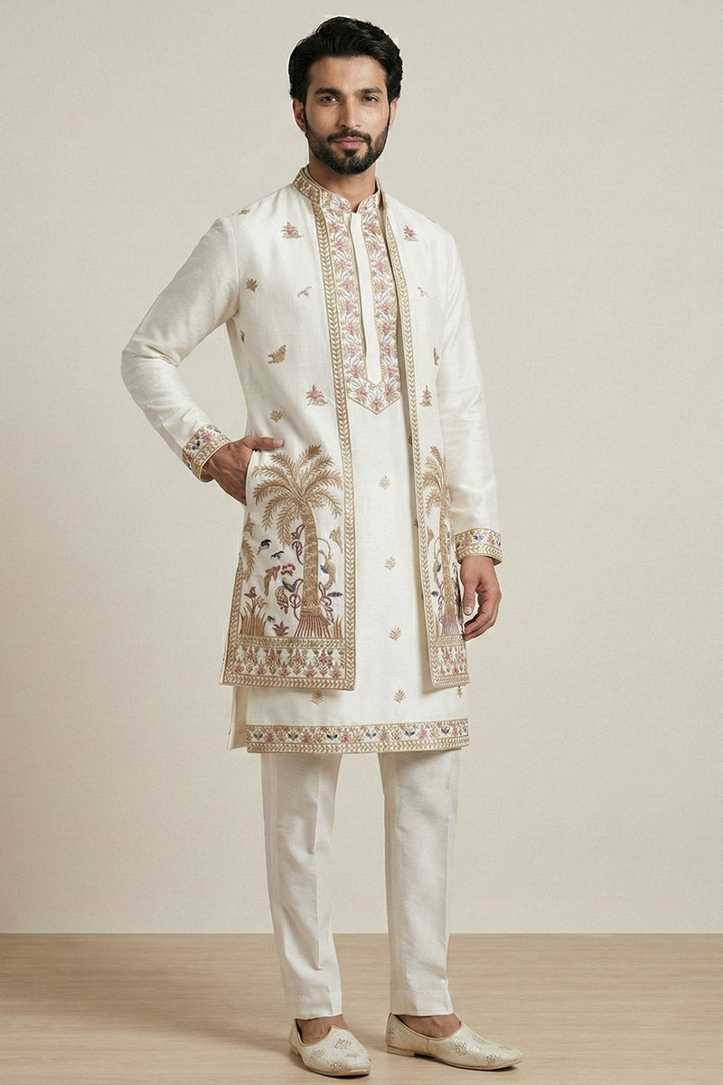 Men’s Wedding Kurta Pyjama with Statement Jacket – Designer White Set RTI