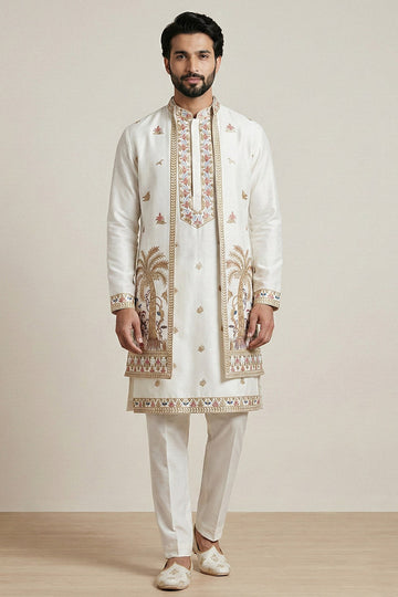 Men’s Wedding Kurta Pyjama with Statement Jacket – Designer White Set RTI
