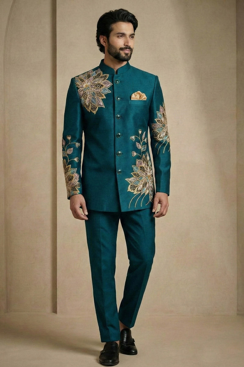 Premium Teal Kurta Pyjama with Embellished Jacket – Men’s Ethnic Wear RTI