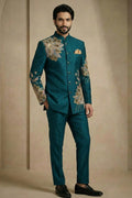Premium Teal Kurta Pyjama with Embellished Jacket – Men’s Ethnic Wear RTI