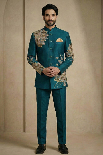 Premium Teal Kurta Pyjama with Embellished Jacket – Men’s Ethnic Wear RTI