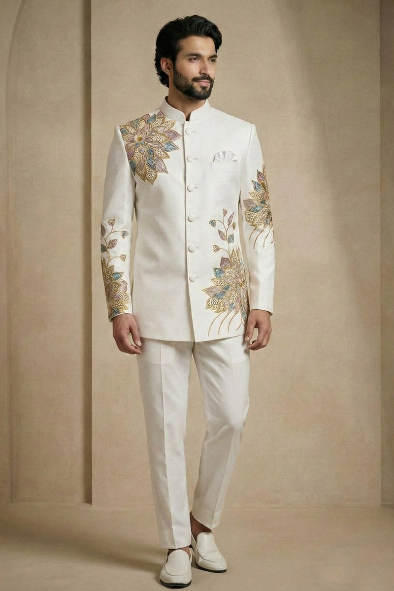 Classic White Jodhpuri with Embroidered Work – Men’s Wear RTI