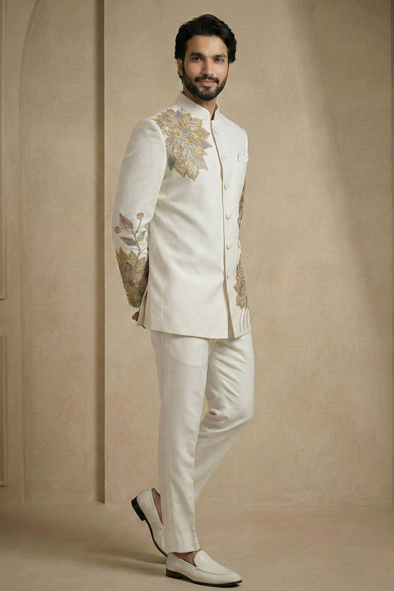 Classic White Jodhpuri with Embroidered Work – Men’s Wear RTI