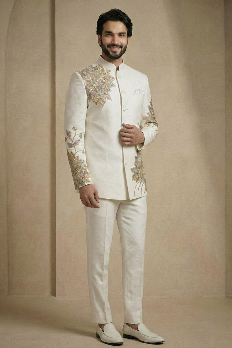 Classic White Jodhpuri with Embroidered Work – Men’s Wear RTI
