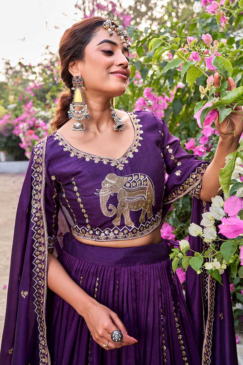 Festive Outfit – Purple Elephant Embroidered Lehenga & Choli RTI