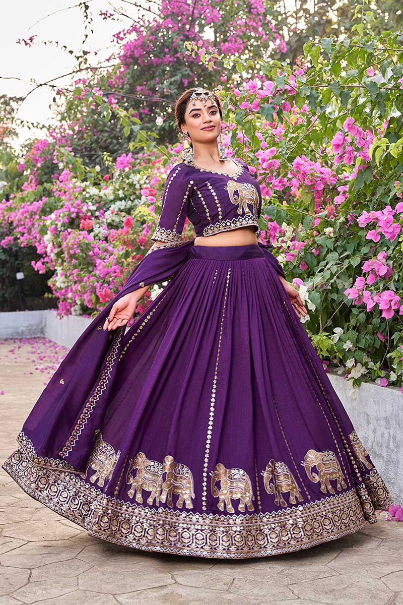 Festive Outfit – Purple Elephant Embroidered Lehenga & Choli RTI