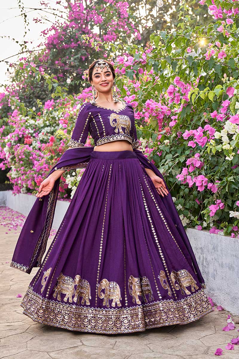 Festive Outfit – Purple Elephant Embroidered Lehenga & Choli RTI