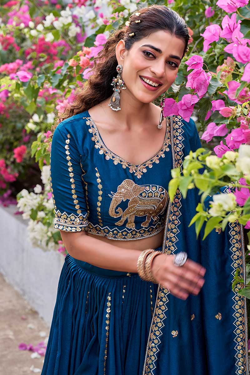 Traditional Outfit – Teal Blue Embroidered Lehenga Set with Dupatta RTI