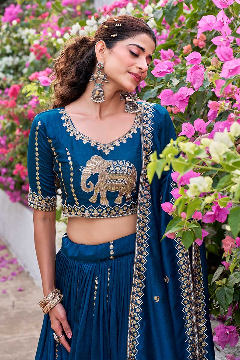 Traditional Outfit – Teal Blue Embroidered Lehenga Set with Dupatta RTI