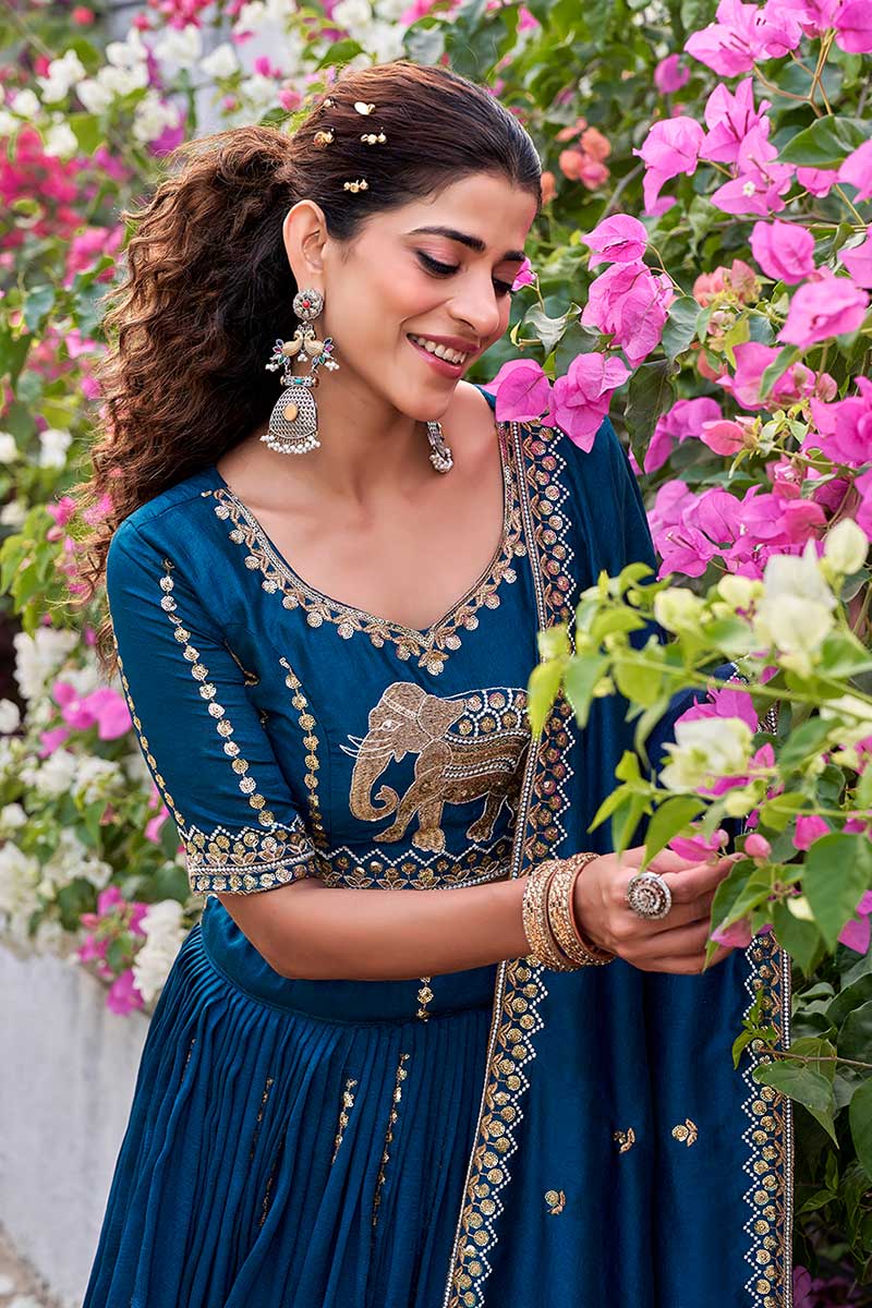 Traditional Outfit – Teal Blue Embroidered Lehenga Set with Dupatta RTI