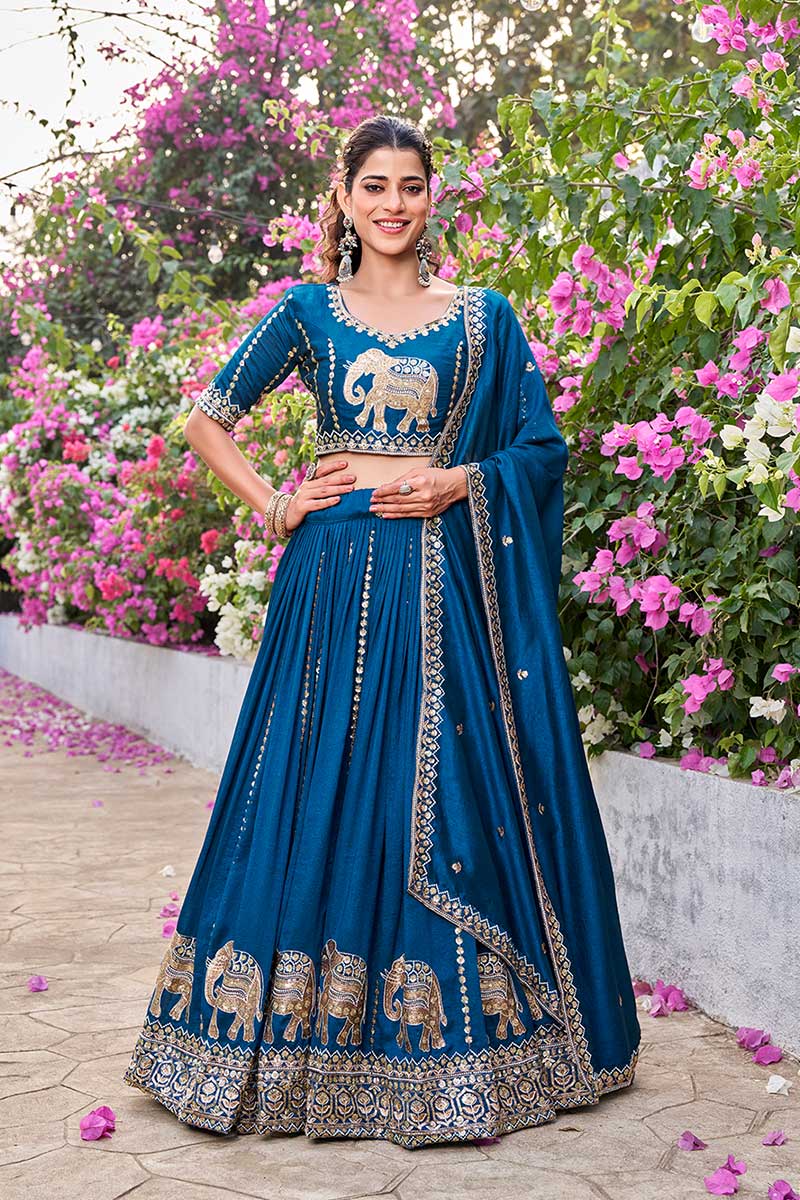 Traditional Outfit – Teal Blue Embroidered Lehenga Set with Dupatta RTI