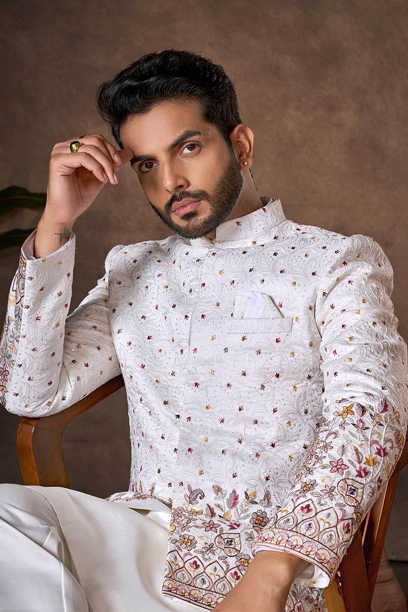 Premium White Silk Indo-Western Sherwani Jacket Set RTI
