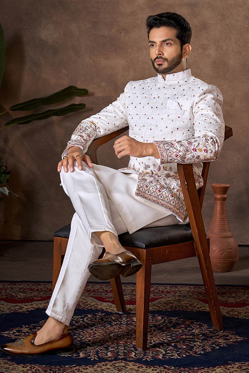 Premium White Silk Indo-Western Sherwani Jacket Set RTI